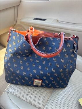 Dooney & Bourke Navy Logo Tote with Brown Trim and wallet to match